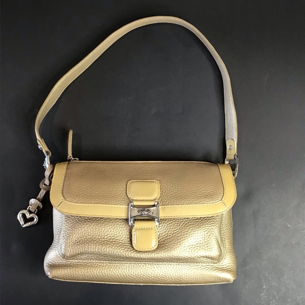 Stylish Small Gold/Champagne Color Brighton Shoulder Bag with Beige Patent Trim